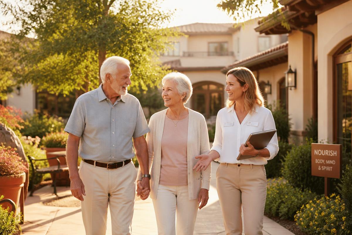 Senior living advisor walking with an elderly couple outdoors